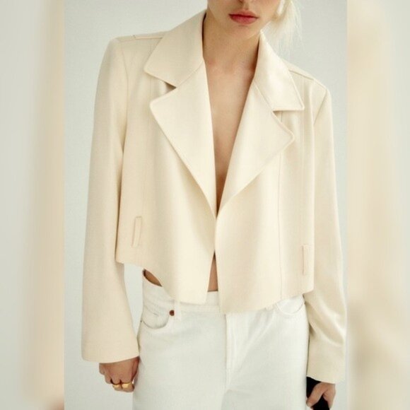 Zara Jackets & Blazers - Zara NWOT Cream Cropped Satin effect lapel collar open front blazer jacket Small